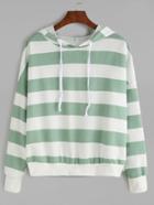 Romwe Green Wide Striped Drop Shoulder Drawstring Hooded Sweatshirt