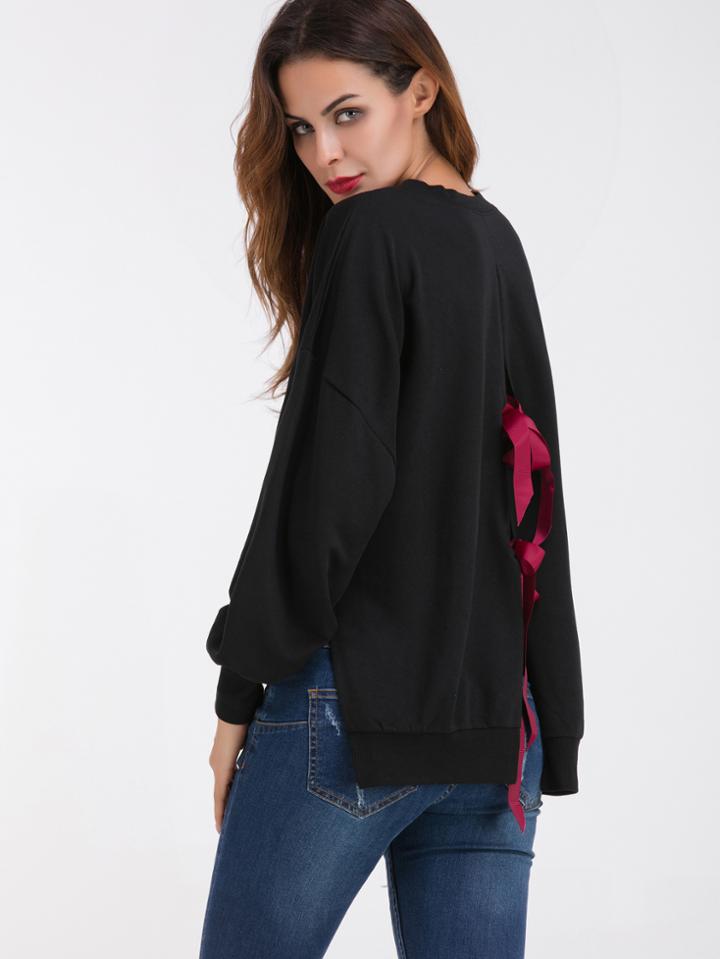 Romwe Black Drop Shoulder Split Tie Back High Low Sweatshirt