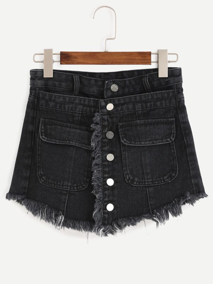 Romwe Black Button Front Frayed Denim Skort