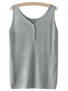 Romwe Grey V Neck Buttons Camis Top