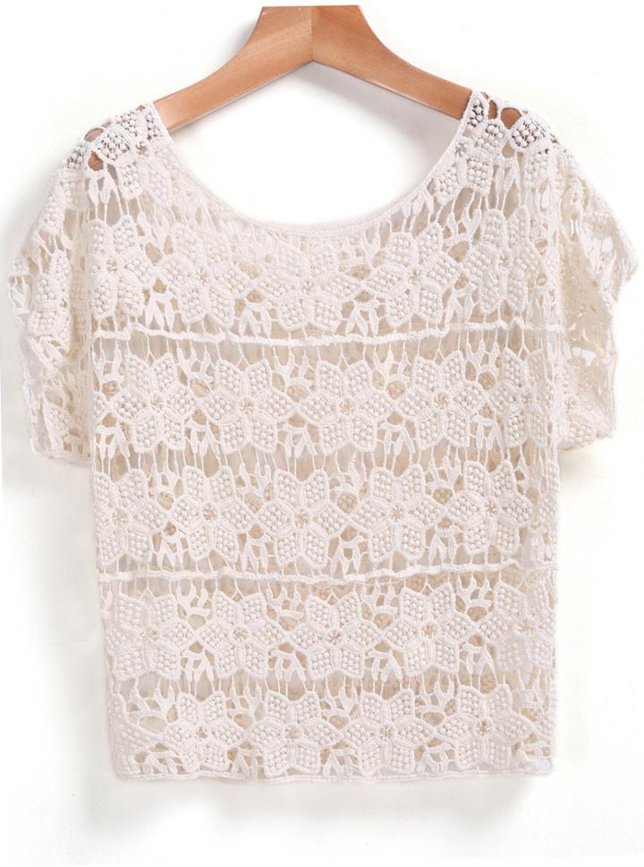 Romwe Floral Crochet Hollow Apricot Blouse