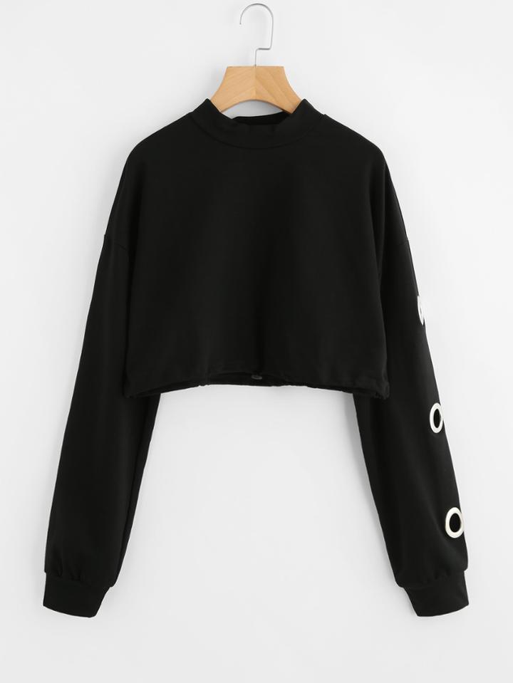 Romwe Drawstring Hem Ring Sleeve Sweatshirt