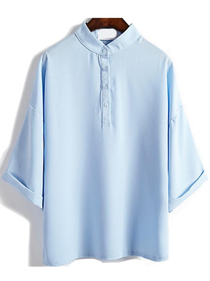 Romwe Stand Collar With Buttons Chiffon Sky Blue Blouse
