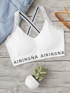 Romwe Criss Cross Lace Trim Slogan Print Top