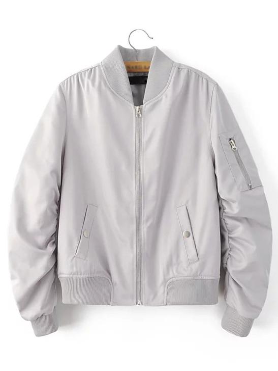 Romwe Grey Rib-knit Cuff Zipper Pocket Jacket