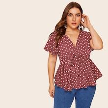 Romwe Plus Polka Dot Tie Front Peplum Blouse