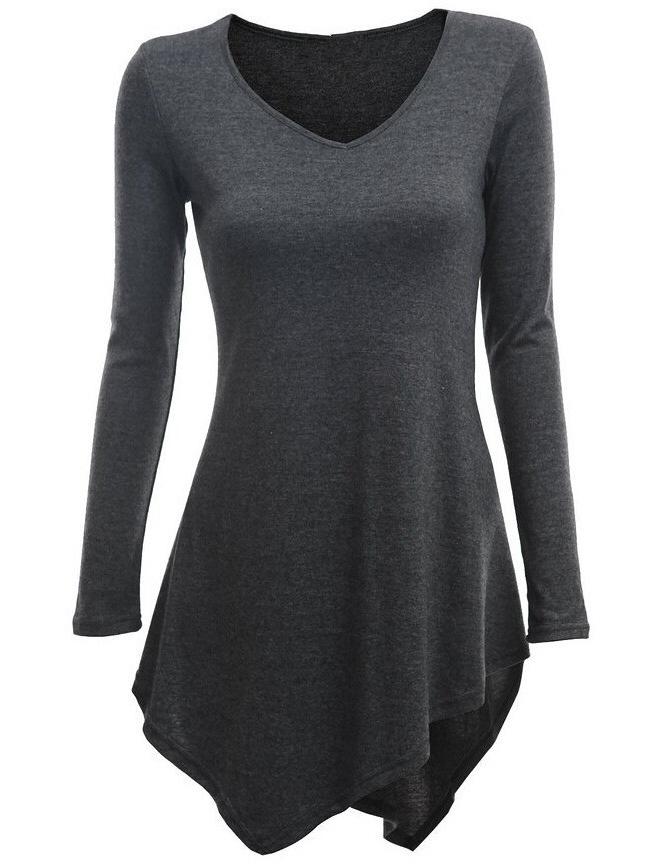 Romwe Grey V Neck Long Sleeve Asymmetrical T-shirt