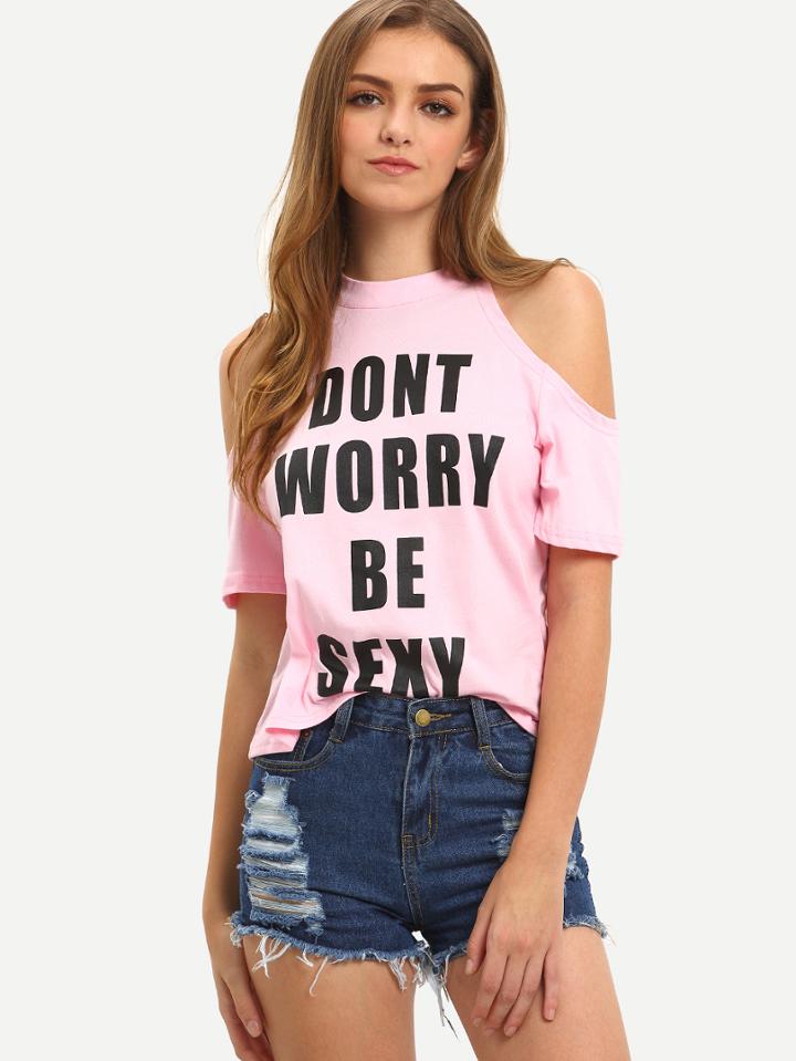 Romwe Cutout Shoulder Letter Print T-shirt - Pink