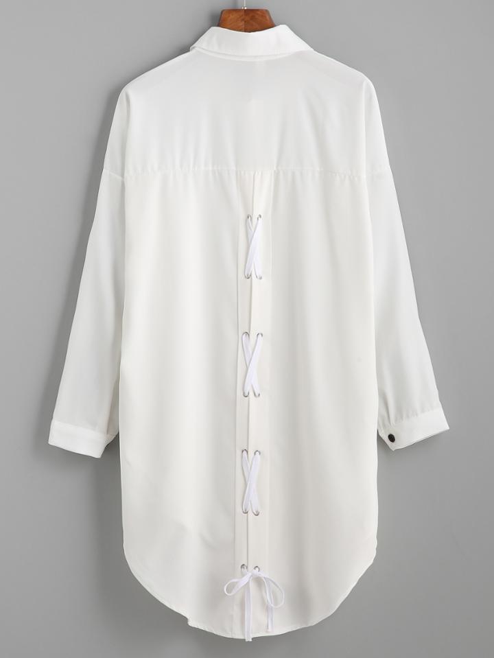 Romwe White Drop Shoulder Lace Up Back Dip Hem Shirt