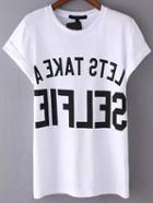 Romwe Letter Print Cuffed White T-shirt