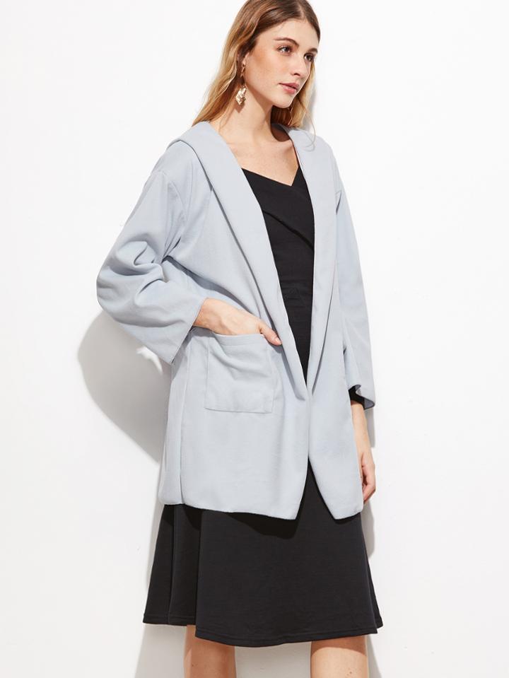 Romwe Pale Grey Dual Pocket Front Hooded Coat