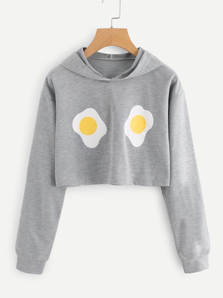 Romwe Fried Egg Print Crop Marled Hoodie