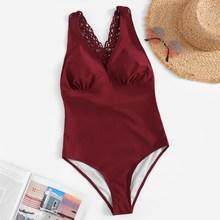 Romwe Crochet Back Criss Cross One Piece Swimsuit