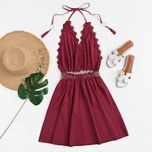 Romwe Guipure Lace Trim Fringe Halter Dress