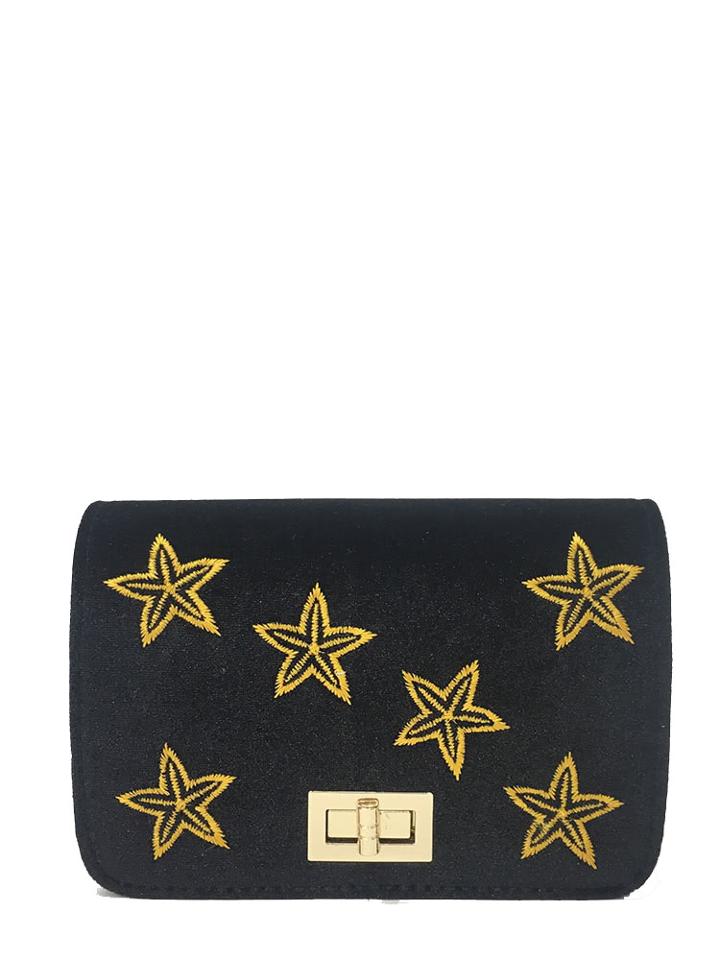 Romwe Suede Embroidered Chain Flap Bag