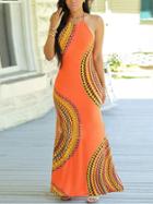Romwe Halter Print Cut Out Back Split Side Dress