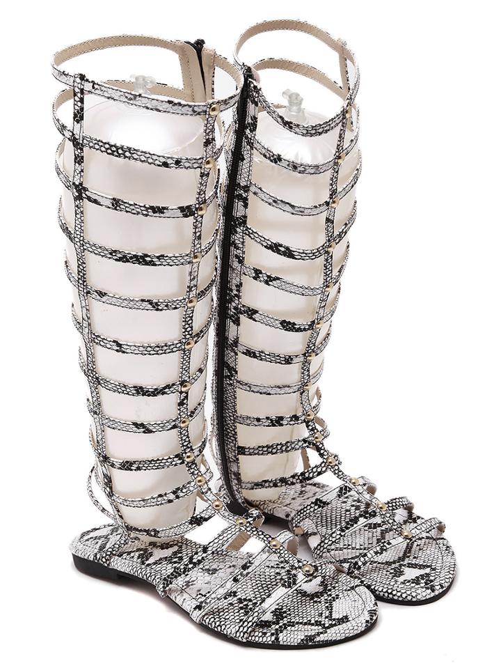 Romwe Silver Snake Embossed Studded High Knee Gladiator Sandals