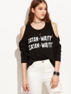 Romwe Black Letter Print Open Shoulder Dip Hem T-shirt