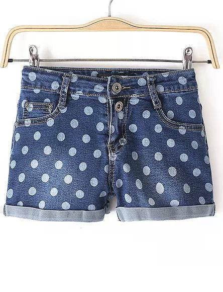 Romwe Blue Flange Polka Dot Denim Shorts
