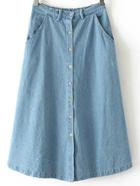 Romwe Blue Elastic Waist Buttons Front Denim Skirt