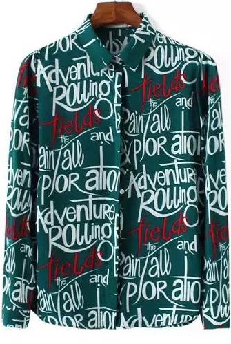 Romwe Lapel Letter Print Green Blouse
