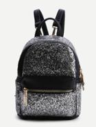 Romwe Sliver Sequin Detail Front Pocket Pu Backpack