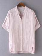 Romwe Pink Band Collar High Low Split Side Blouse