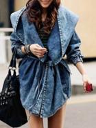 Romwe Hooded Pockets Asymmetrical Denim Blue Coat