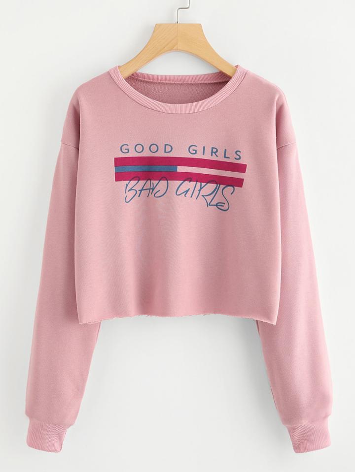 Romwe Raw Hem Printed Crop Pullover