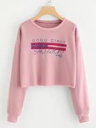 Romwe Raw Hem Printed Crop Pullover