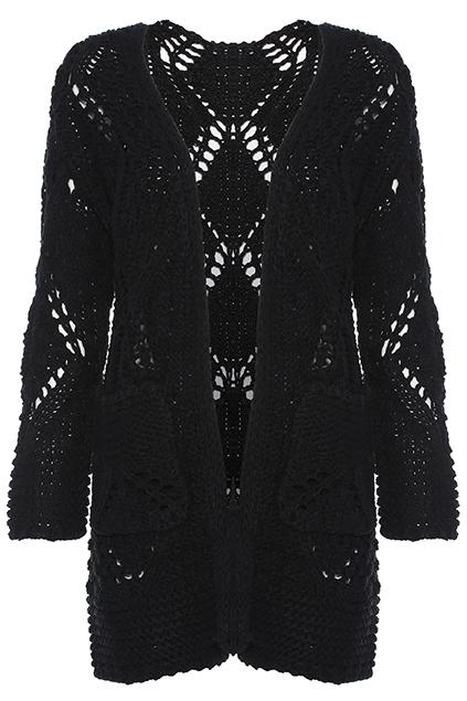 Romwe Hollow Pocketed Black Knitted Cardigan
