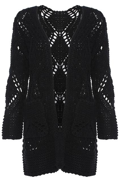 Romwe Hollow Pocketed Black Knitted Cardigan