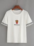 Romwe White Fried Chips Embroidered Frayed Trim T-shirt