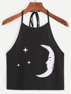 Romwe Black Halter Neck Moon Print Cami Top