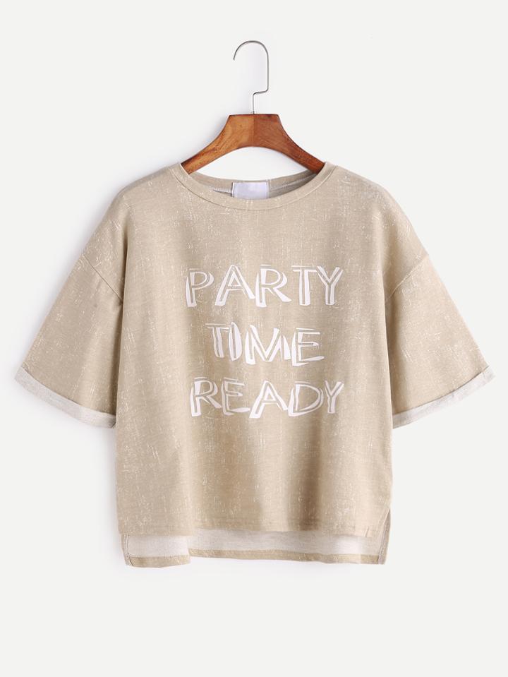 Romwe Khaki Letter Print High Low Cuffed T-shirt