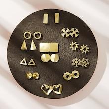 Romwe Geometric & Heart Shaped Metallic Stud Earrings 12pairs