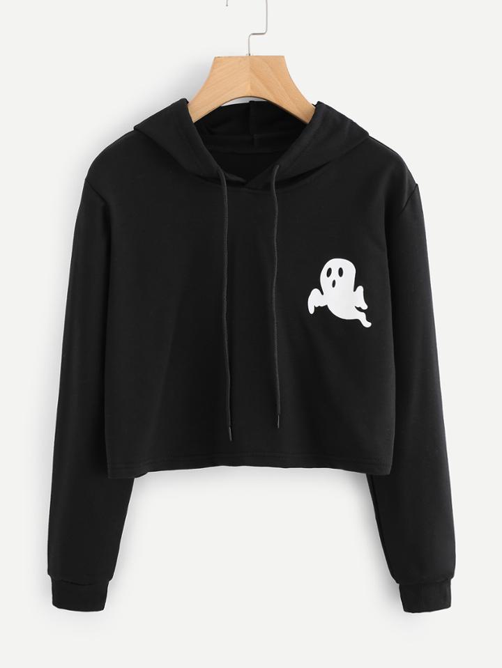 Romwe Halloween Ghost Print Crop Hoodie