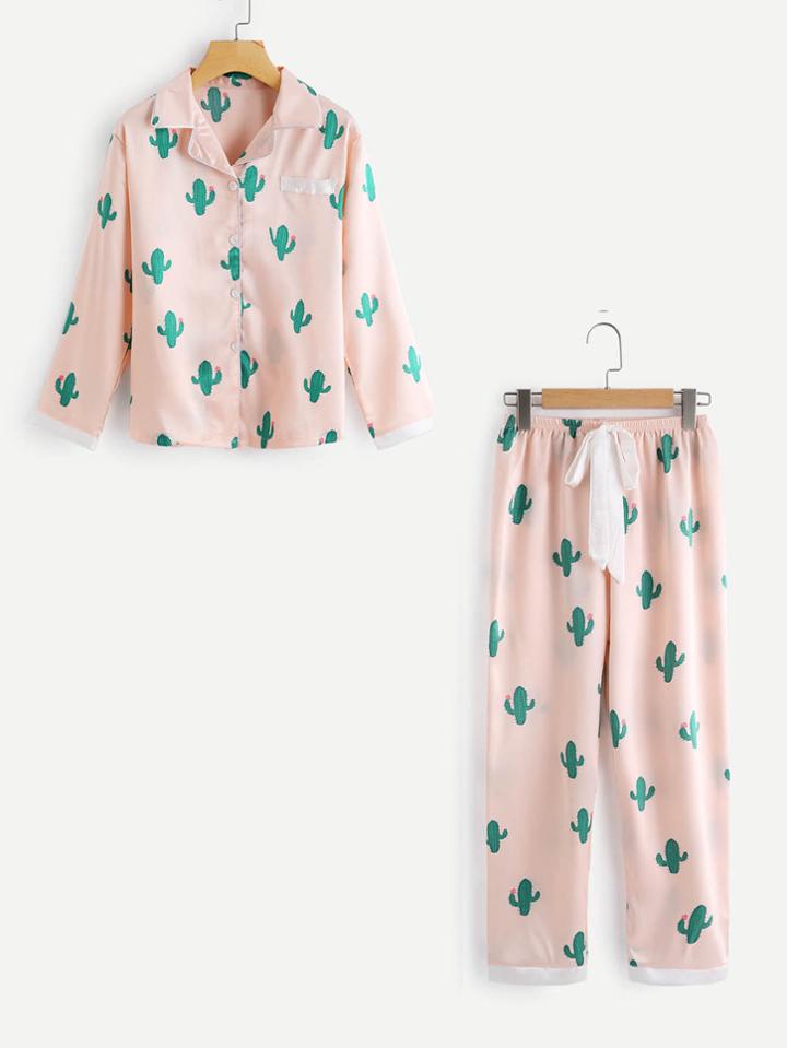 Romwe Cactus Print Top And Drawstring Waist Pants