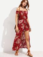 Romwe Burgundy Flower Print Off The Shoulder High Low Romper