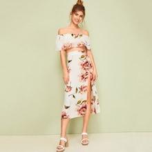 Romwe Large Floral Print Off The Shoulder Top With Split Thigh Skirt