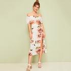 Romwe Large Floral Print Off The Shoulder Top With Split Thigh Skirt
