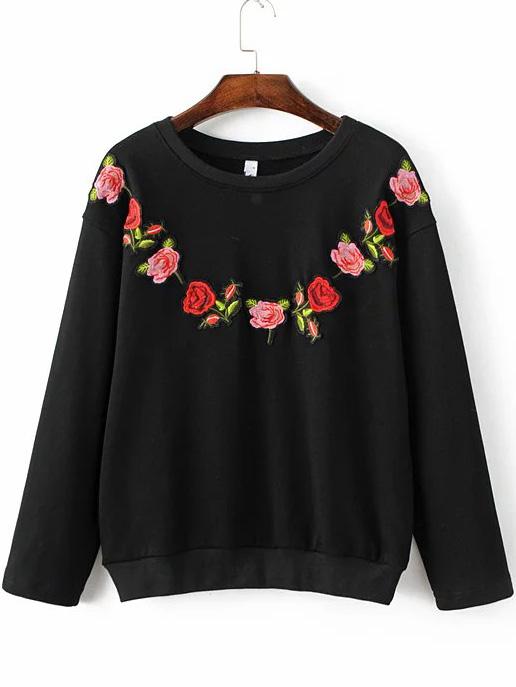 Romwe Black Floral Embroidery Ribbed Trim  Sweatshirt