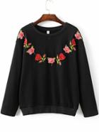 Romwe Black Floral Embroidery Ribbed Trim  Sweatshirt