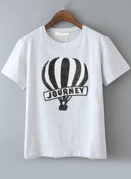 Romwe With Sequined Hot Air Balloon Pattern Grey T-shirt