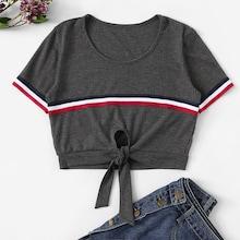 Romwe Stripe Tape Panel Knot Hem Tee