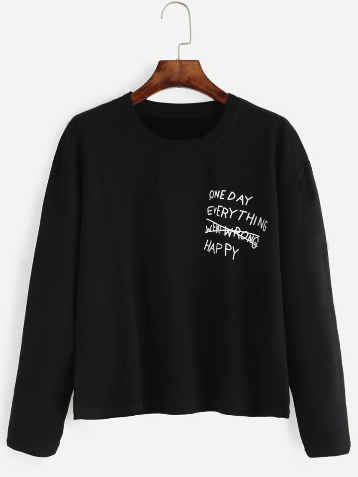 Romwe Black Sentence Print Dropped Shoulder Seam T-shirt