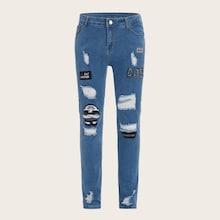 Romwe Guys Embroidery Patched Ripped Jeans