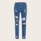 Romwe Guys Embroidery Patched Ripped Jeans