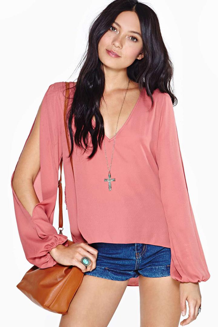 Romwe Split Sleeve Loose Pink Blouse