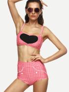 Romwe Red Checkerboard Heart Patch Bikini Set